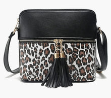 Load image into Gallery viewer, Crossbody Shoulder Black/Leopard Double Tassel Bag