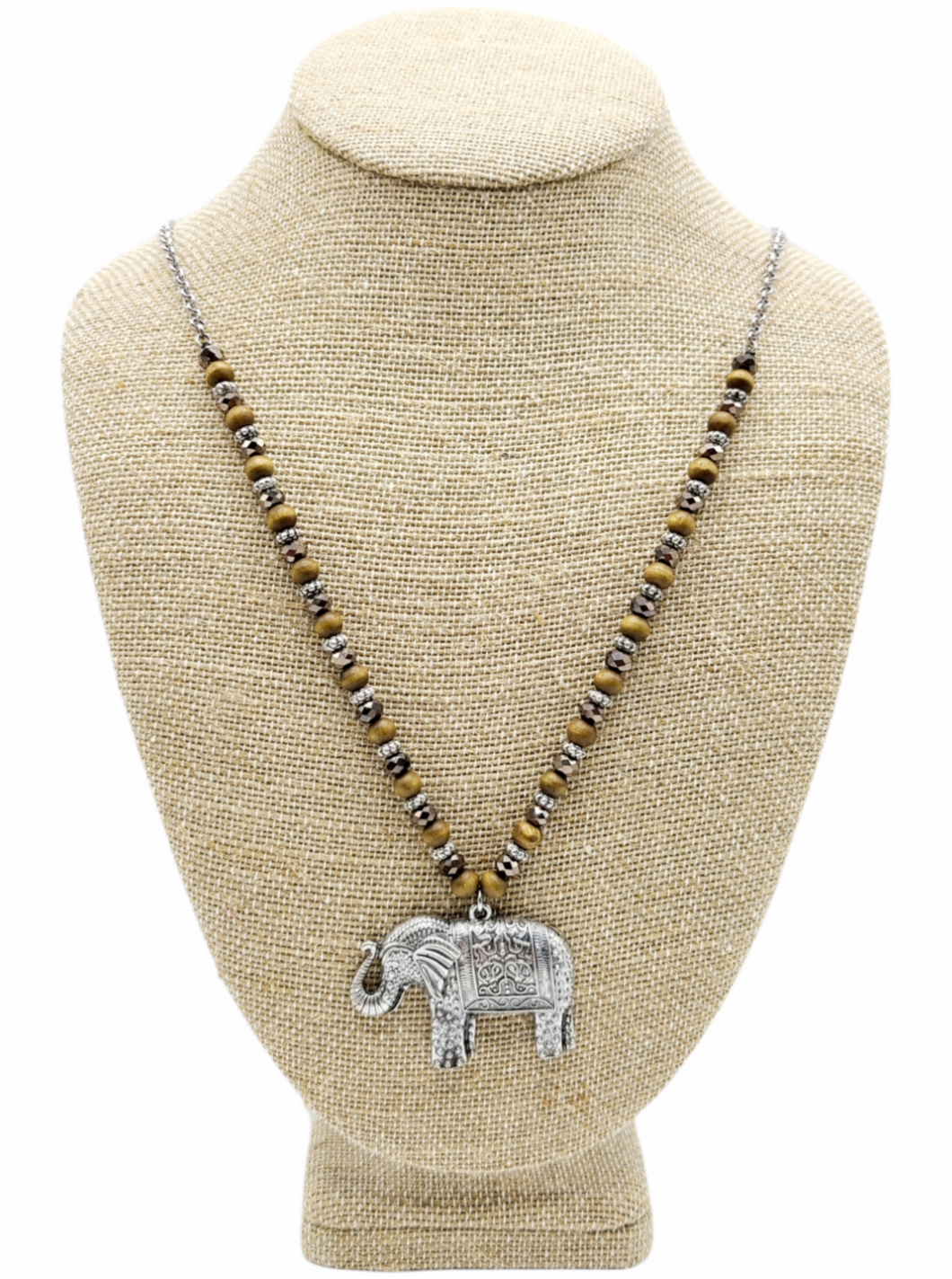 Rustic Elephant Pendant Beaded Necklace