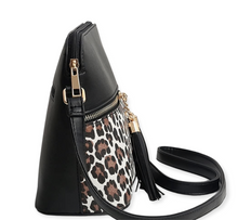 Load image into Gallery viewer, Crossbody Shoulder Black/Leopard Double Tassel Bag
