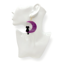 Load image into Gallery viewer, Crescent Moon &amp; Black Cat Earrings
