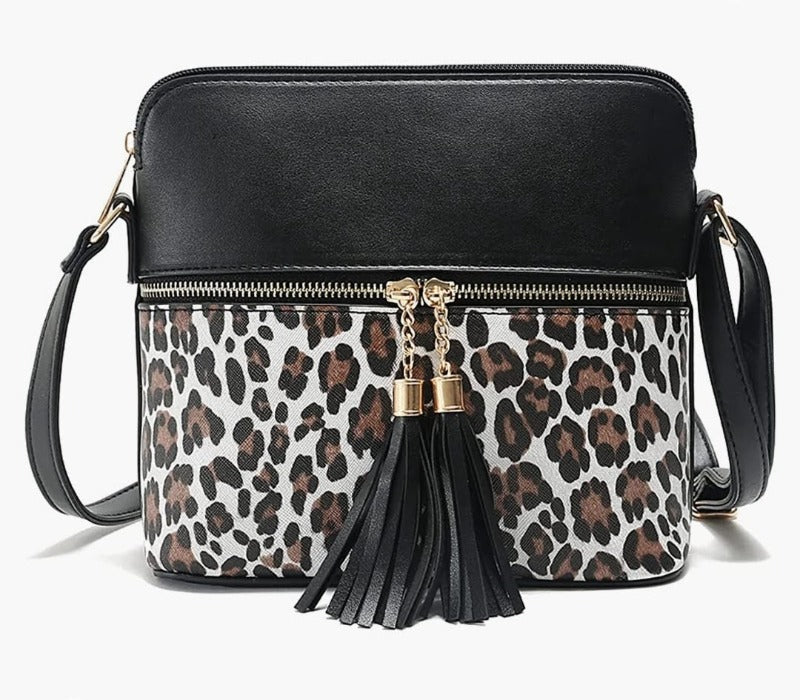 Crossbody Shoulder Black/Leopard Double Tassel Bag