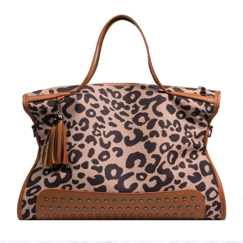 Leopard Print Studded Tote Bag